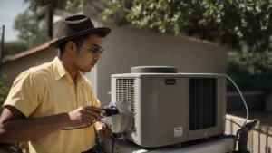 a technician inspecting an air conditioning unit outdoors on a sunny day.