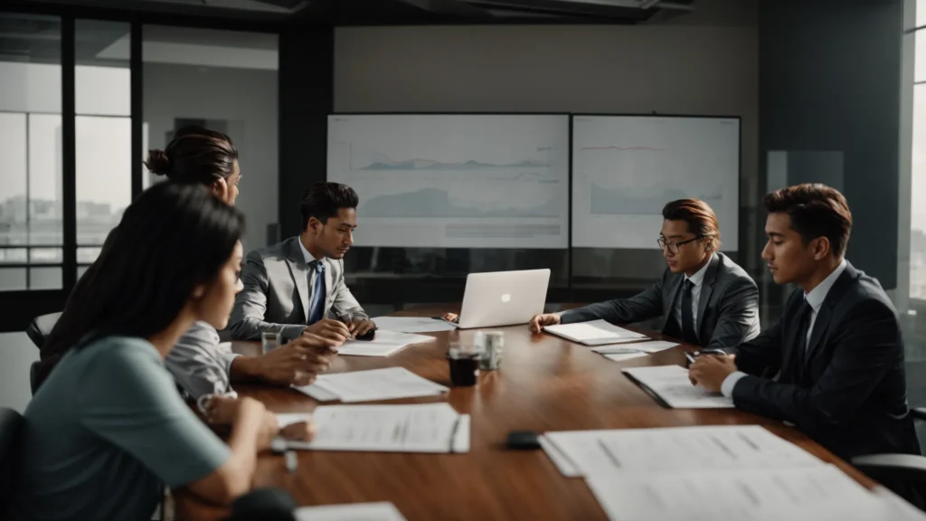 a group of professionals in a meeting room discussing charts and graphs.