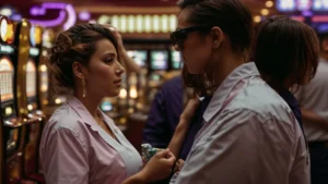 an injured person talking to a casino security staff member near slot machines.