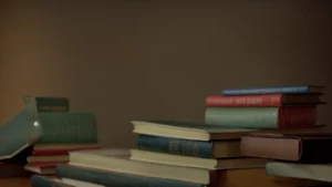 a stack of textbooks beside a piggy bank on a desk.