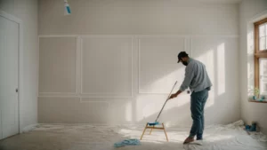 a person painting a wall in a bright, empty room to prepare the house for sale.