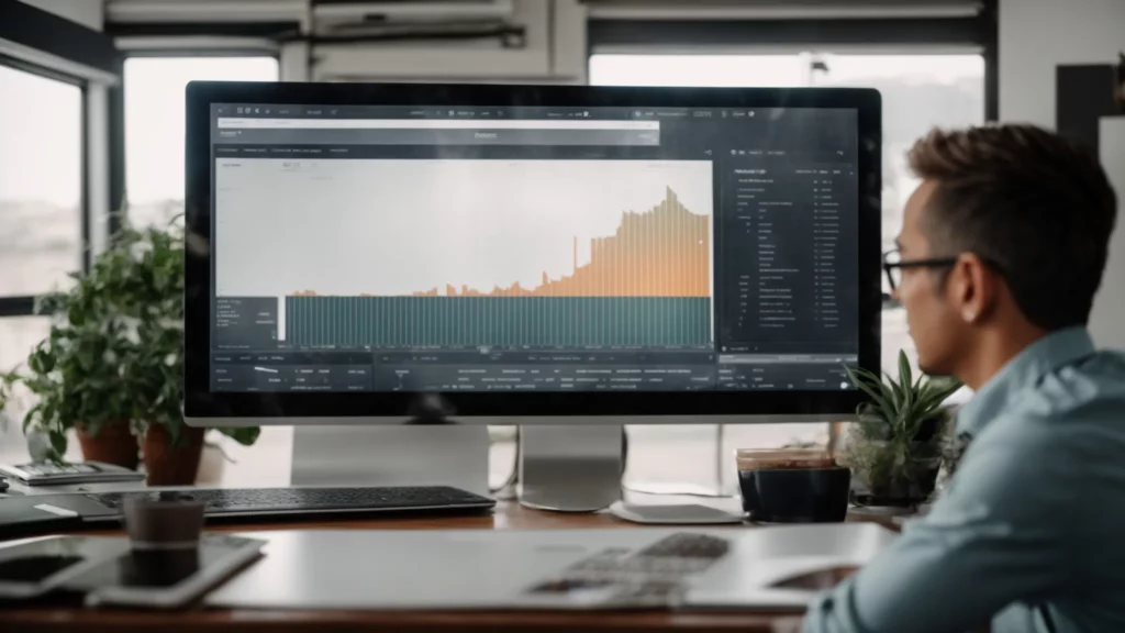 a small business owner is reviewing a large chart on their computer screen in a bright office.