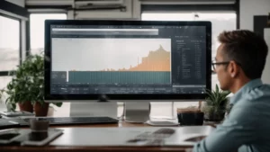 a small business owner is reviewing a large chart on their computer screen in a bright office.