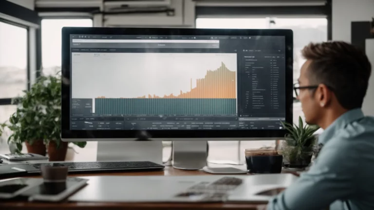 a small business owner is reviewing a large chart on their computer screen in a bright office.