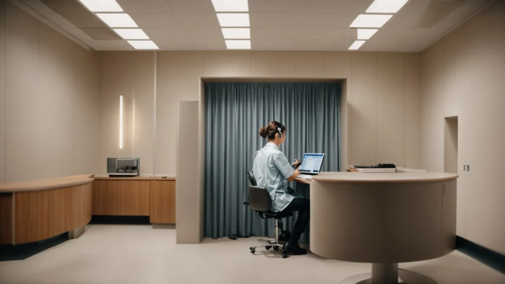 a healthcare professional is conducting a hearing test on a patient using advanced audiometric equipment in a soundproof booth.
