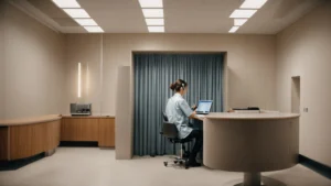 a healthcare professional is conducting a hearing test on a patient using advanced audiometric equipment in a soundproof booth.