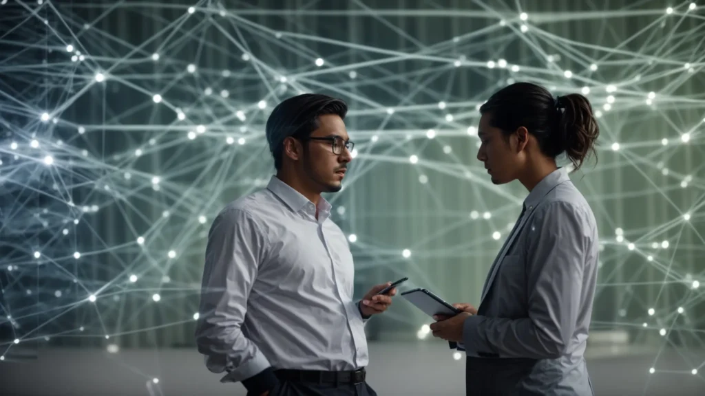 two professionals discuss strategies in front of a large digital screen displaying interconnected nodes representing various business relationships and partnerships.