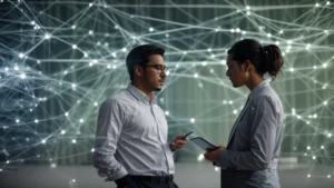 two professionals discuss strategies in front of a large digital screen displaying interconnected nodes representing various business relationships and partnerships.