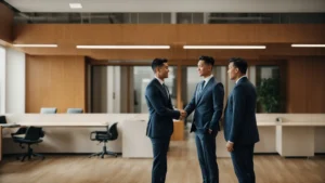 a professional handshake between two confident individuals in a bright, modern office.