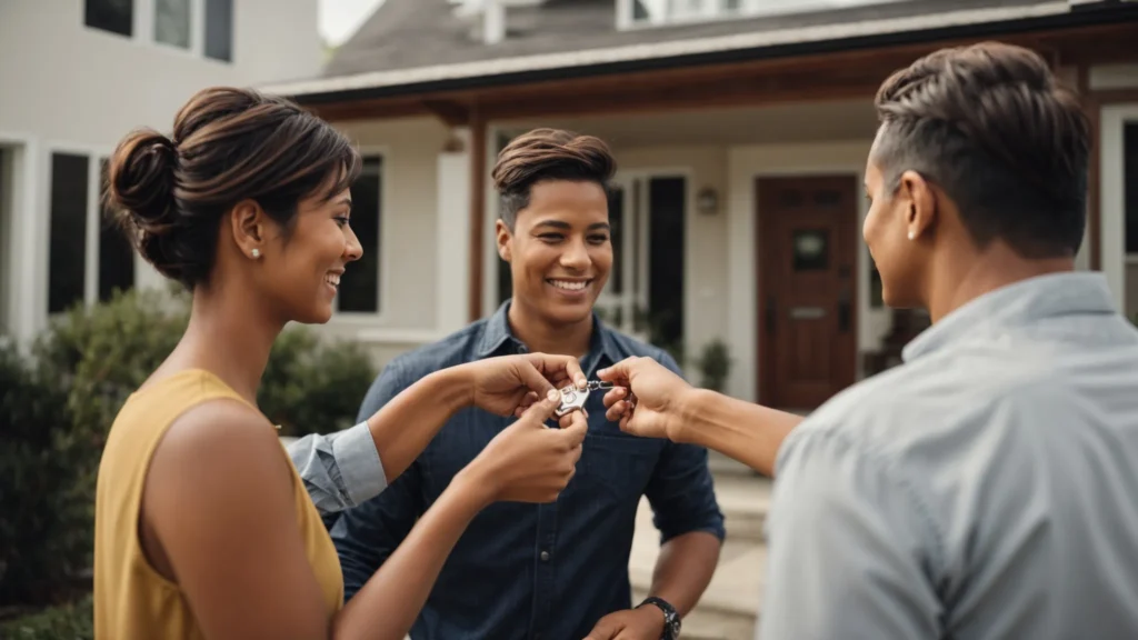 a smiling real estate agent hands over a set of house keys to a couple in front of their new home.