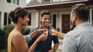 a smiling real estate agent hands over a set of house keys to a couple in front of their new home.