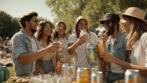 a group of people cheering with cans of seltzer at a sunny outdoor picnic.
