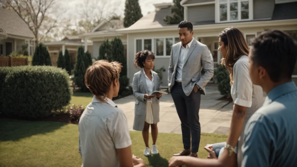 a family consulting with a realtor in front of a for-sale house.