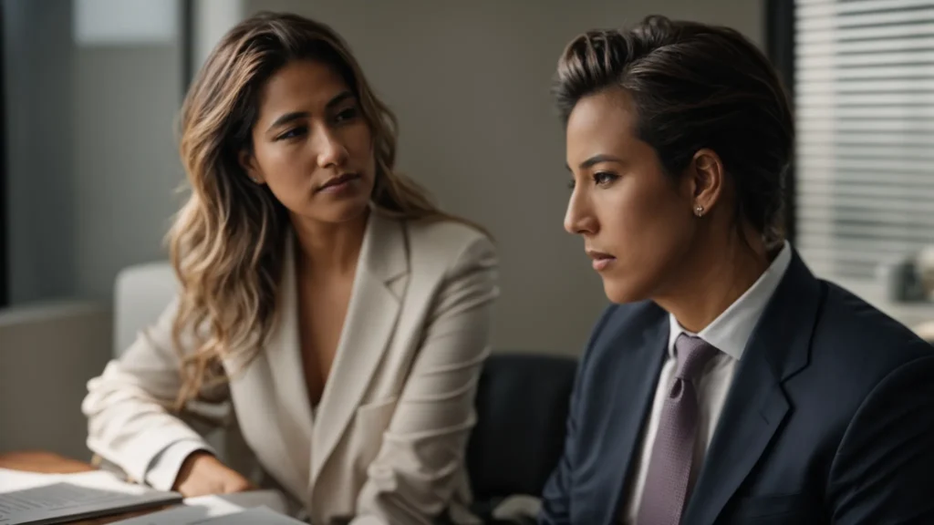 a compassionate lawyer sits across from a concerned couple in a serene los angeles office, discussing a birth injury case.