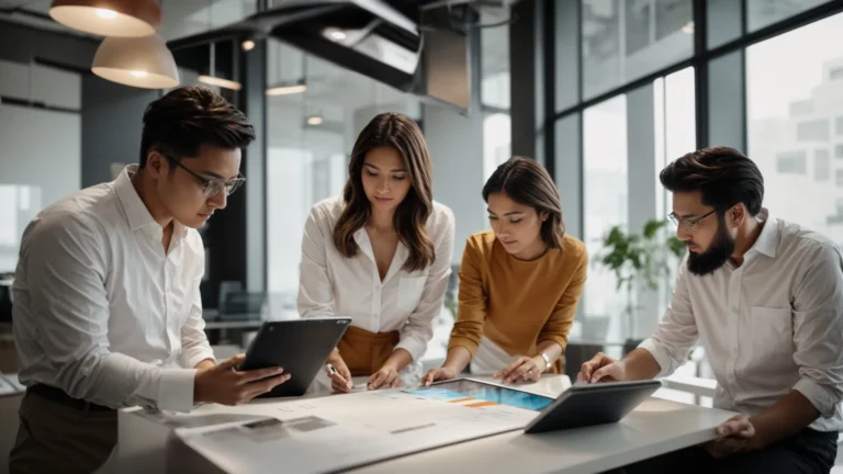 a team of strategists reviewing a growth chart on a digital tablet in a bright, modern office.