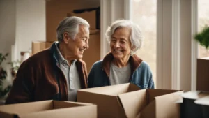 a senior couple smiling as they unpack boxes in a bright, cozy living room of their new home.