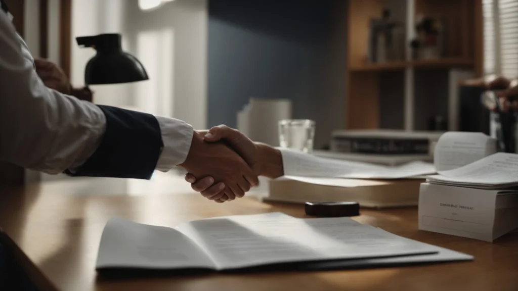 a person shaking hands with a professional across a desk, with a house model and paperwork in between them.