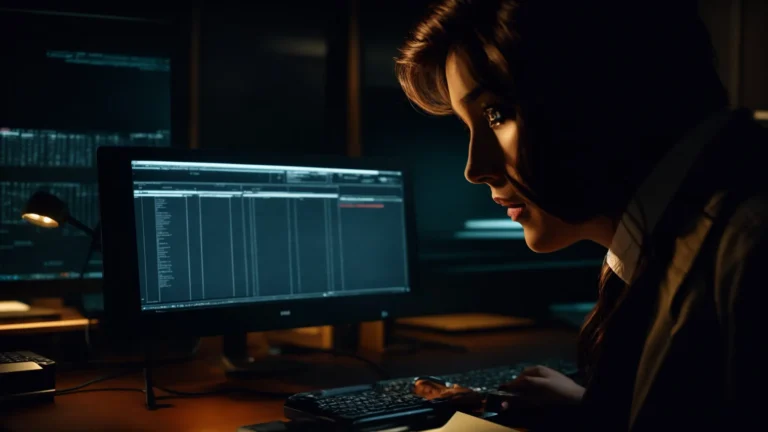 a detective examining a suspicious, glowing computer screen in a dark office.