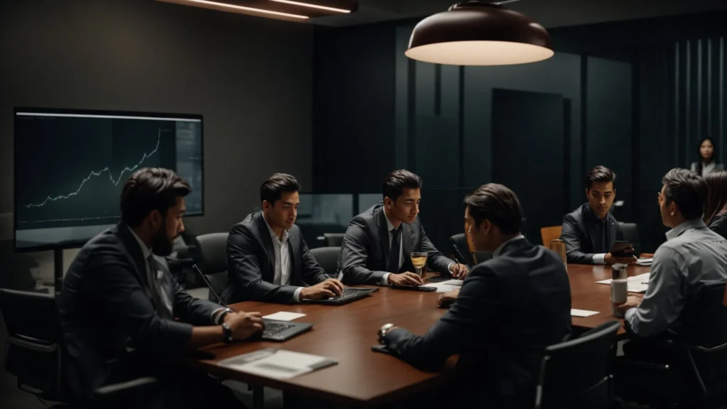 a team of professionals gathered around a conference table, discussing strategies over laptops and digital devices.