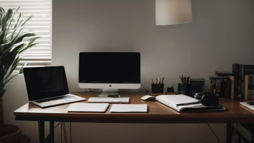 an illuminated desk space with a modern computer, a notepad by the side, and a clear, organized workspace signaling efficiency and clarity in documentation.