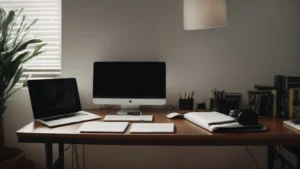 an illuminated desk space with a modern computer, a notepad by the side, and a clear, organized workspace signaling efficiency and clarity in documentation.