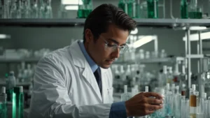 a scientist in a lab coat analyzing a vial of clear liquid in a well-lit laboratory.