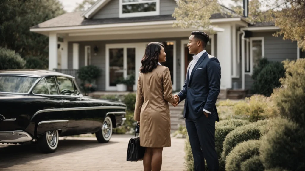 a real estate agent shaking hands with a couple in front of a sold house.