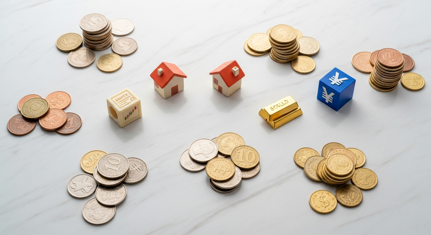 Infographic showing a diversified investment portfolio with various asset classes and risk mitigation strategies