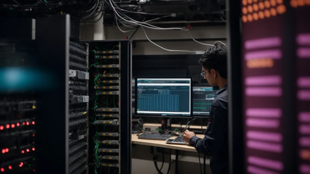 a network engineer is configuring a peplink router in a server room filled with networking equipment.