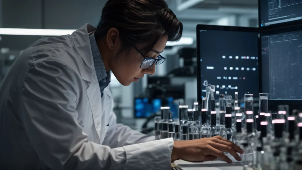a researcher intently studies complex chemical structures on a computer screen in a modern laboratory.