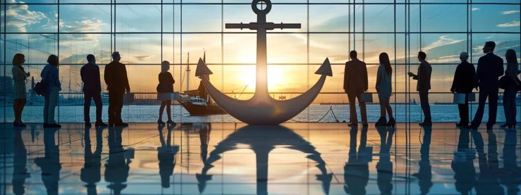 business professionals strategizing around a large anchor symbolizing legal rights advocates' role in sustainable brand success.