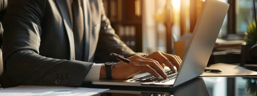 a professional business person typing on a laptop with the logo of express bail bonds displayed prominently in the background.