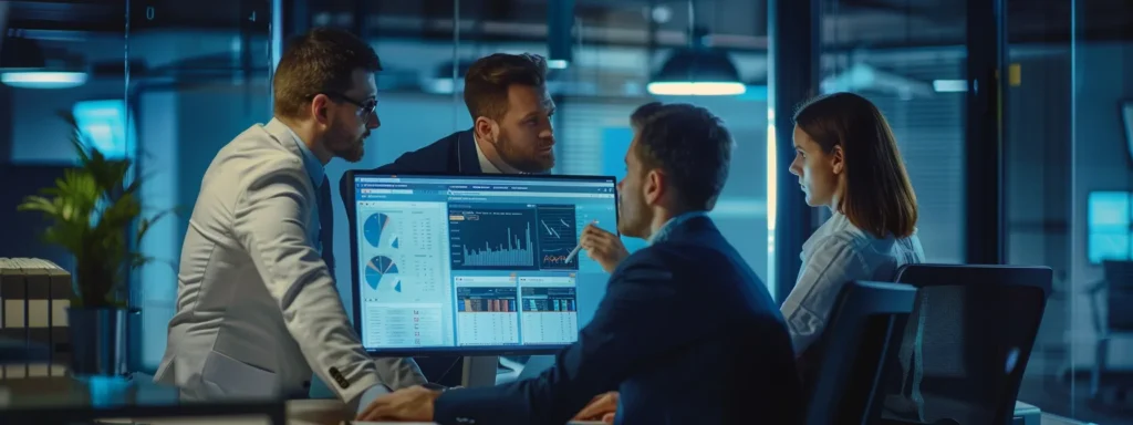 a professional business team working together around a computer with an hr management system interface displayed on the screen.