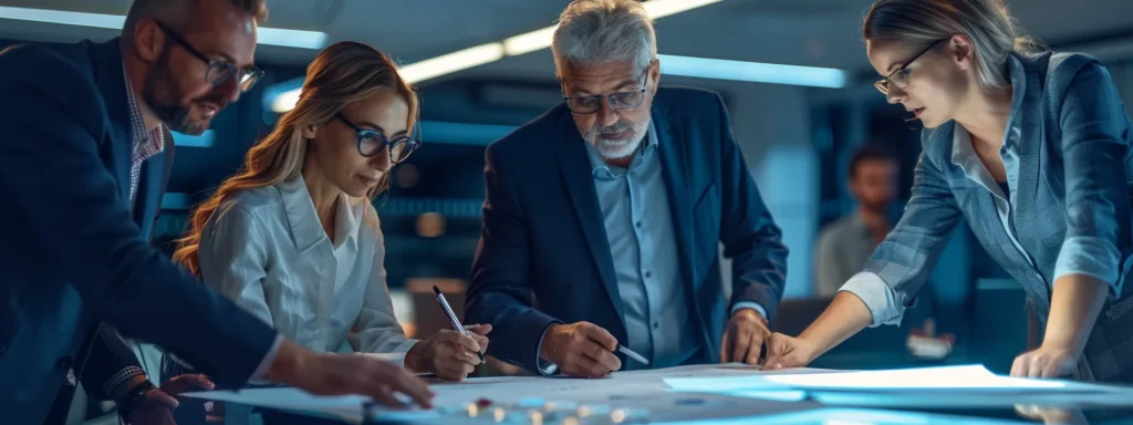 business professionals gathered around a table examining pre-made dtf gang sheets with a focus on cost efficiency.