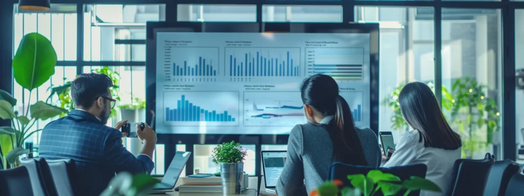 a group of professionals reviewing charts and graphs on a large screen in a conference room.