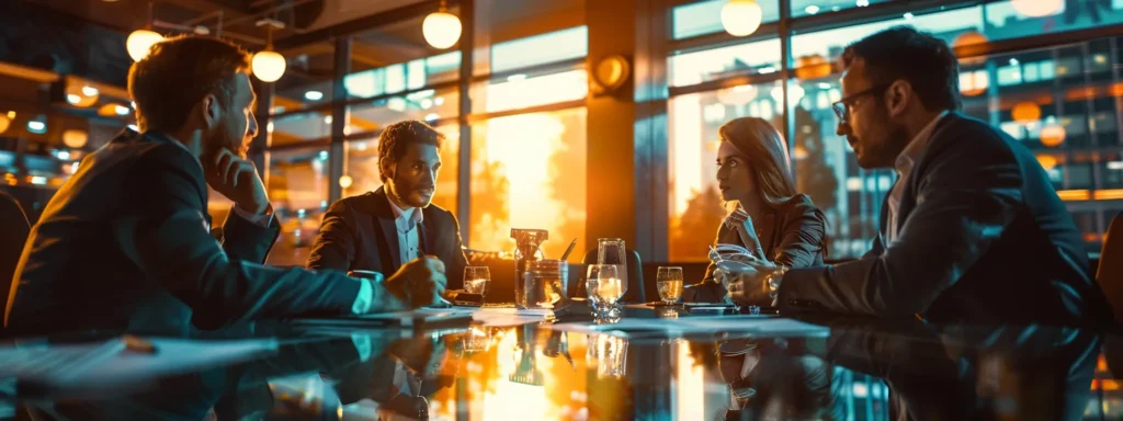 business professionals gathered around a table, discussing bail options and benefits tied to express bail bonds.