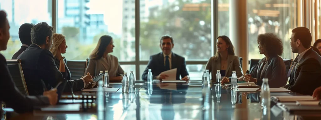 a group of professionals in a boardroom discussing legal strategies to protect a brand's reputation.