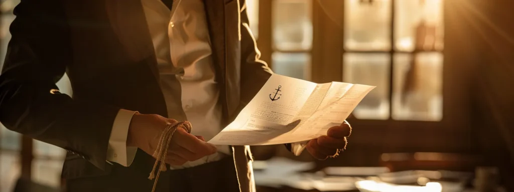 a person in business attire inspecting a sheet of pre-made dtf gang designs tied to an anchor.