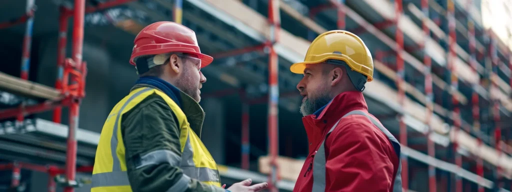 business professionals discussing innovative scaffold technologies at a construction site in essex.