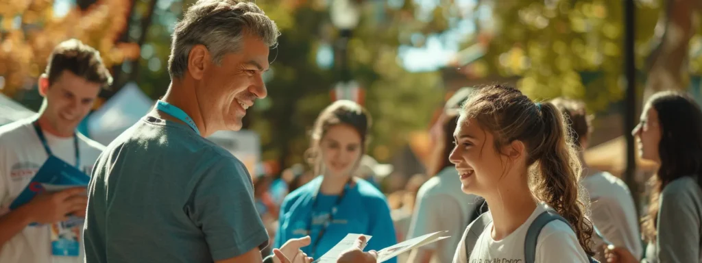 a charity volunteer handing out flyers at a public event.