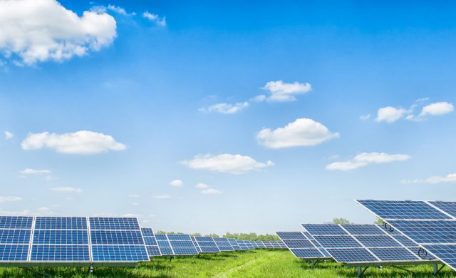 Solar panels and blue sky. Solar panels system power generators from sun. Clean technology for better future