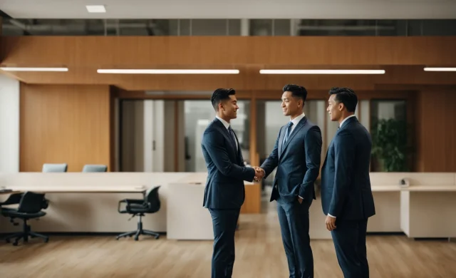 a professional handshake between two confident individuals in a bright, modern office.