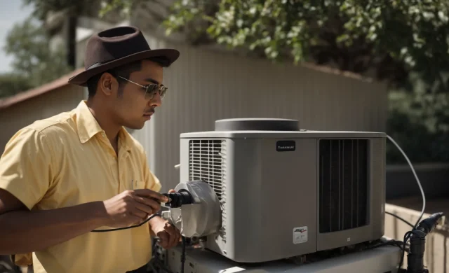 a technician inspecting an air conditioning unit outdoors on a sunny day.