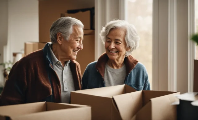 a senior couple smiling as they unpack boxes in a bright, cozy living room of their new home.