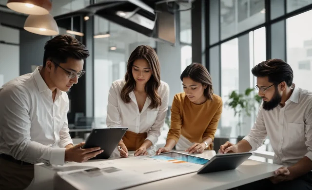 a team of strategists reviewing a growth chart on a digital tablet in a bright, modern office.