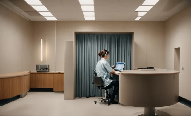 a healthcare professional is conducting a hearing test on a patient using advanced audiometric equipment in a soundproof booth.