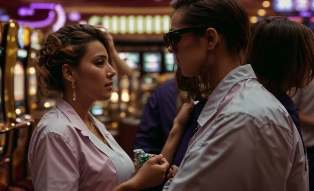 an injured person talking to a casino security staff member near slot machines.