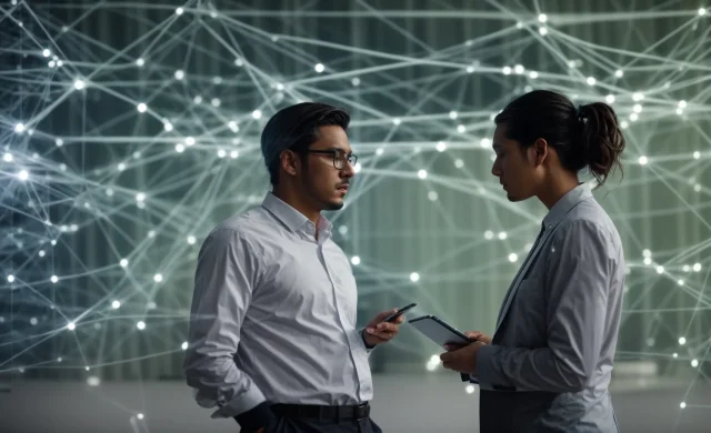 two professionals discuss strategies in front of a large digital screen displaying interconnected nodes representing various business relationships and partnerships.