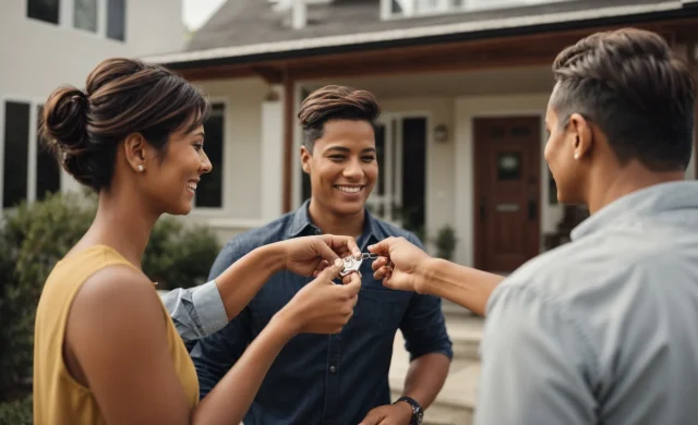 a smiling real estate agent hands over a set of house keys to a couple in front of their new home.