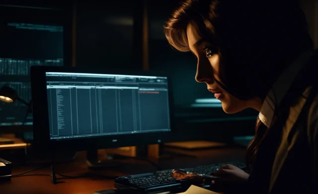 a detective examining a suspicious, glowing computer screen in a dark office.